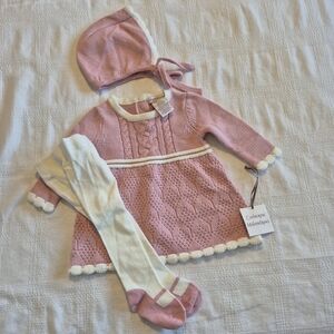 Catherine Malandrino pink and white 0-3 months dress with bonnet and tights NWT